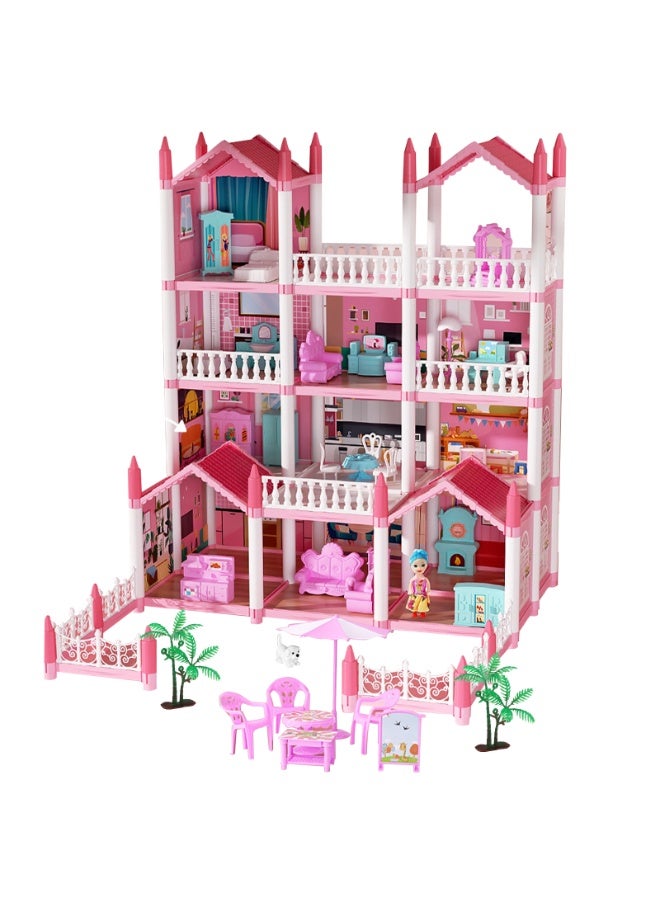 URbazaar Castle Doll House Dreamhome, 4-Story 14 Rooms Dollhouse Playhouse with Doll and Furniture, Pretend Dream Dollhouse Playset Pink Girl Toys, Sturdy Construction, Easy to Move, Ideal Gift Toy - Image 1