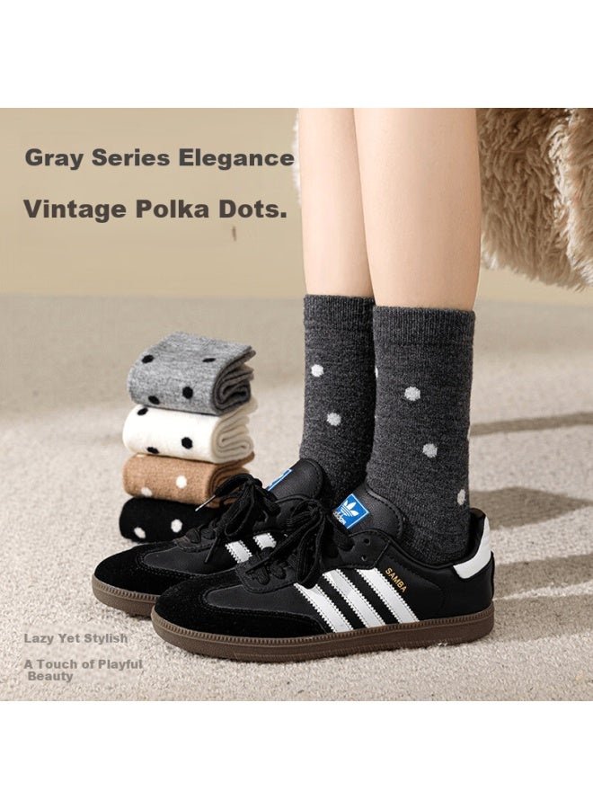 Picking up socks Shiwa Ji Vintage Polka Dot Wool Mid-calf Socks Women Autumn Winter Thick Warm Gray Long Socks With Birkenstock Shoes - Image 2