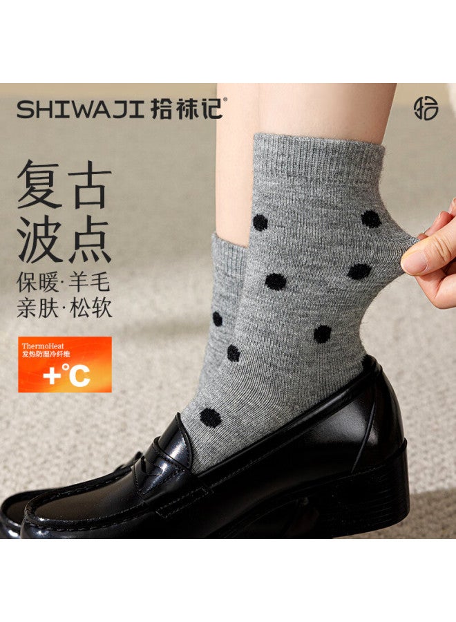 Picking up socks Shiwa Ji Vintage Polka Dot Wool Mid-calf Socks Women Autumn Winter Thick Warm Gray Long Socks With Birkenstock Shoes - Image 1