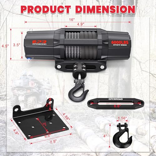 OPENROAD 6000 lbs UTV Winch, Waterproof IP67 Electric Trailer 6k Winch with 1/4"×50ft Synthetic Rope,Wireless Remote and Winch Stopper (6000lb with Mounting Plate) - Image 4