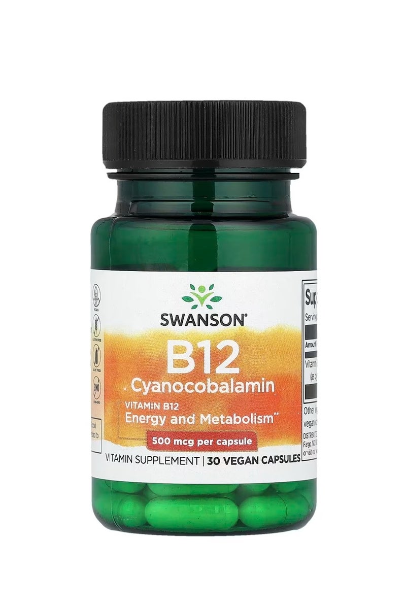 سوانسون فيتامين ب12 500 ميكروجرام 30 كبسولة نباتية - Image 1