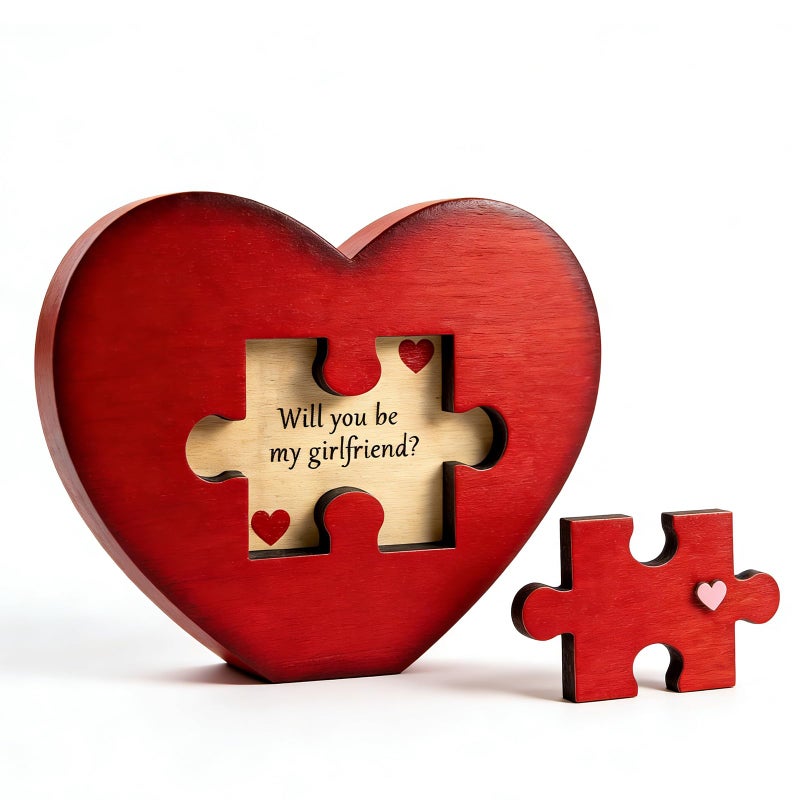 SNILOAW Will You Be My Girlfriend, Valentines Proposal Gift Ideas Will You Be My Girlfriend Proposal Sign for Valentine Day Girlfriend Day Christmas Wood Heart Shaped Gift Puzzle Piece Sign with Hidden Message - Image 1