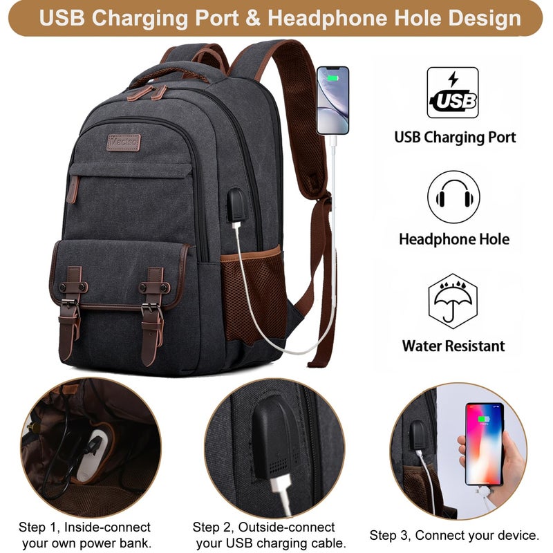 Mactso Canvas Travel Laptop Backpack for Men Women, Business Work Rucksack College School Computer Bag Fits 15.6 Inch Notebook,Bookbag with USB Charging Port (Black, 15.6 Inch) - Image 2