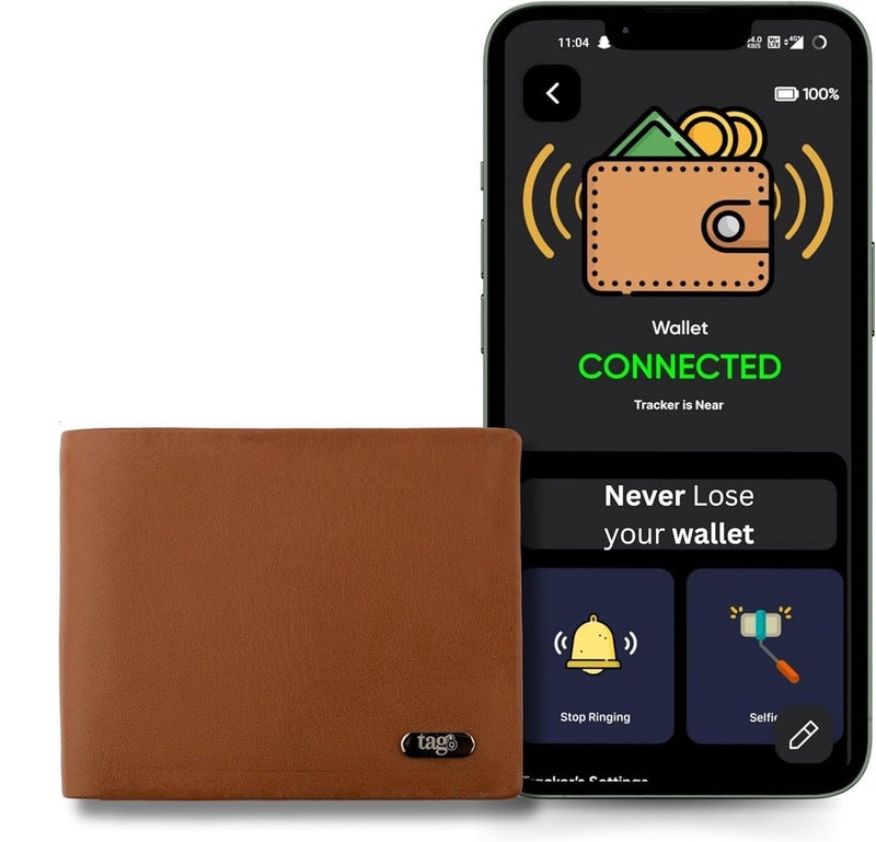 tag8 Dolphin Smart Leather Wallet for Men, GPS Bluetooth Tracker Enabled Purse for Men to Find & Locate It, Anti-Theft RFID Blocking Wallet with 8 Card Slot, Works with Android & iOS, Timeless Tan - Image 1