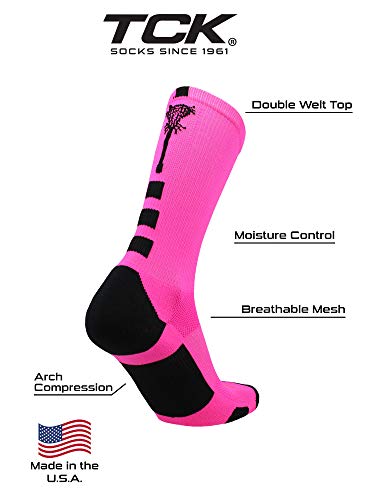 TCK Midline Lacrosse Logo Crew Socks (Neon Pink/Black, Large) - Image 3