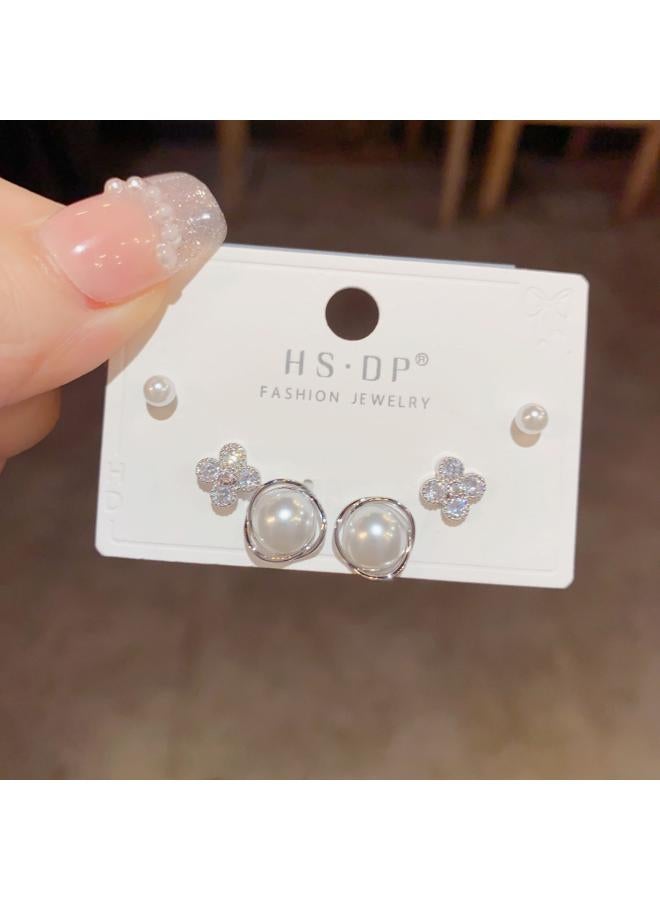 S925 Silver Needle Micro Inlaid Zircon Short Earrings Short Hair Earrings And Korean Elegant All-match Simple Three-piece Set Earrings For Women 
