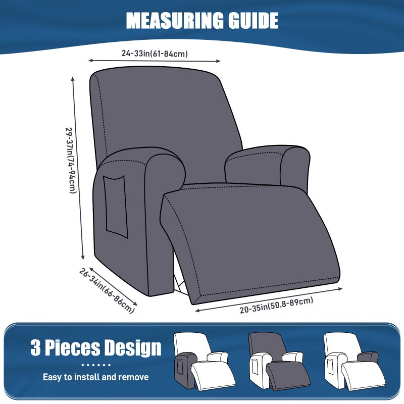TAOCOCO Recliner Chair Covers Stretch Polyester Fabric 3-Piece for Large Recliners, Soft, Breathable and Skin-Friendly Furniture Protector, Washable (Dark Gray, Recliner Chair Cover) - Image 2