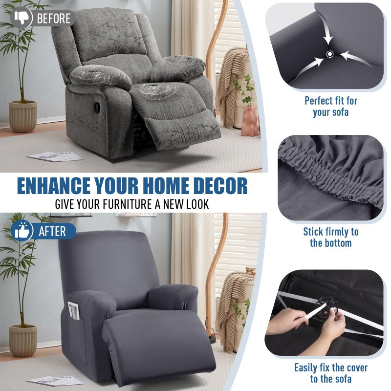 TAOCOCO Recliner Chair Covers Stretch Polyester Fabric 3-Piece for Large Recliners, Soft, Breathable and Skin-Friendly Furniture Protector, Washable (Dark Gray, Recliner Chair Cover) - Image 4