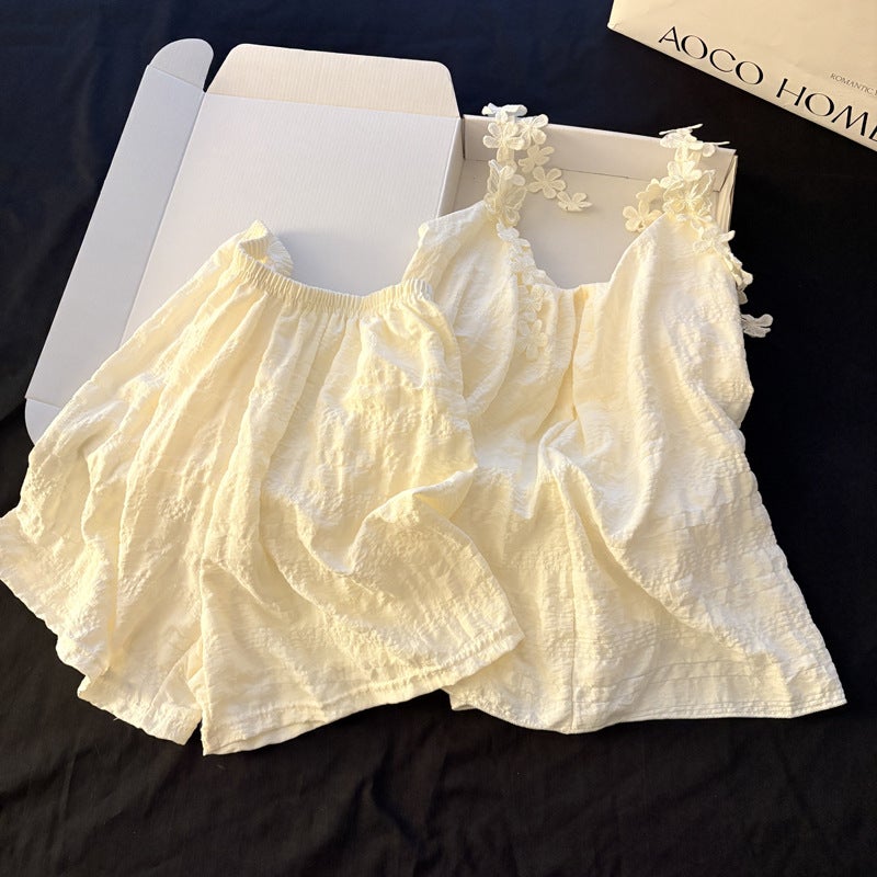 Women's Summer Camisole Shorts Pajama Set with Padded Bra, Solid Color Floral, Apricot - Image 3