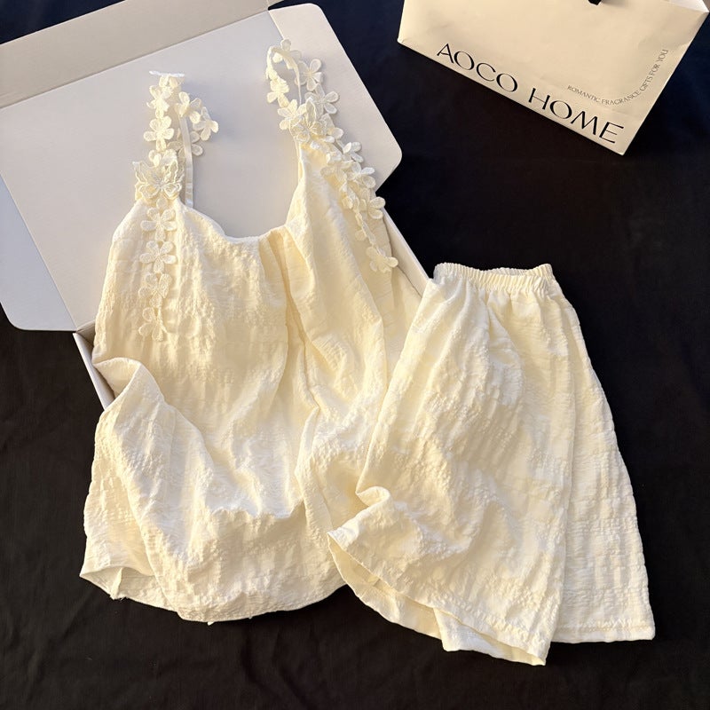 Women's Summer Camisole Shorts Pajama Set with Padded Bra, Solid Color Floral, Apricot - Image 1