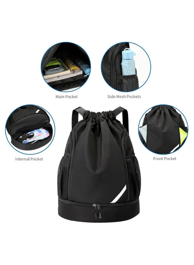 Drawstring Backpack Water Resistant String Bag Gym Sports with Shoe Compartment Side Mesh Pockets for Women Men - Image 2
