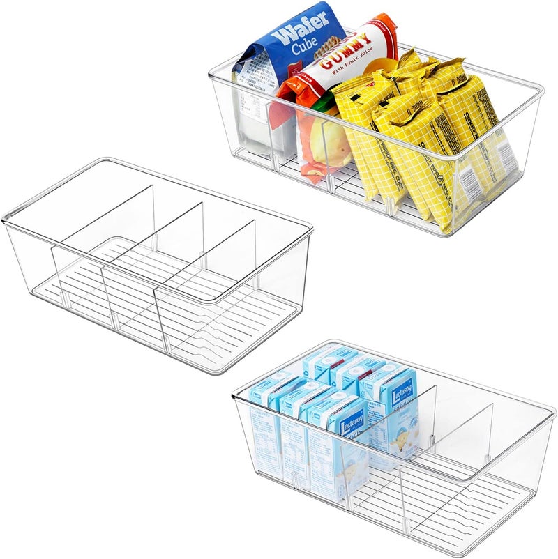 wilfox Pantry Organzier, 3 Pack Clear Organzier Bins with Removable Dividers For Pantry, Kitchen, Fridge, Cabinet, Stackable Storage Bins For Snack, Pouches, Spice Packets - Image 1