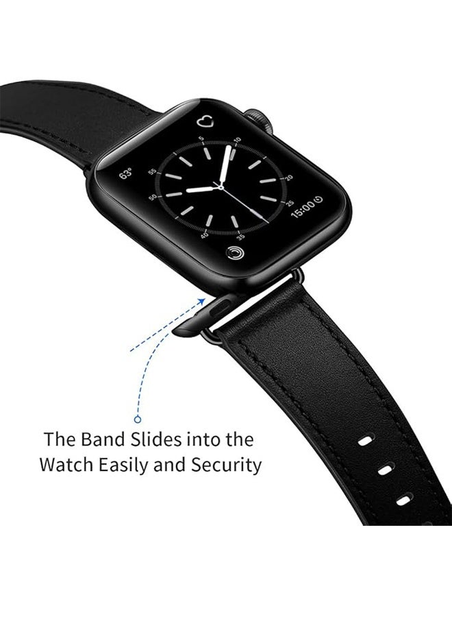 Charlam Compatible Apple Watch Band 49mm/46mm/45mm/44mm/42mm, Genuine Leather Watch Band Replacement Band Compatible with Apple Watch Ultra 2/1 Series 10/9/8/7/6/5/4/3/2/1/SE, Black/Black Ack - Image 4