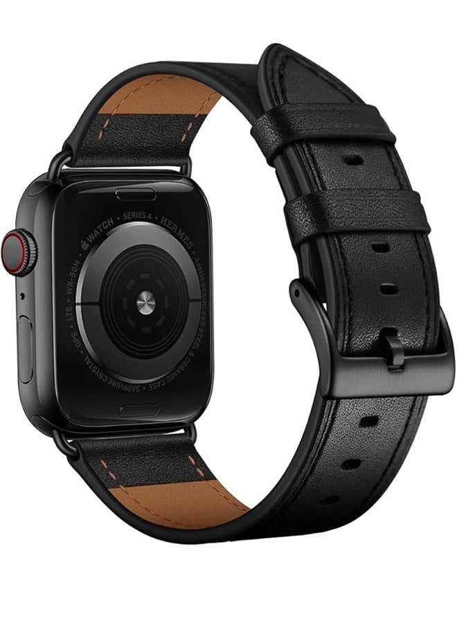 Charlam Compatible Apple Watch Band 49mm/46mm/45mm/44mm/42mm, Genuine Leather Watch Band Replacement Band Compatible with Apple Watch Ultra 2/1 Series 10/9/8/7/6/5/4/3/2/1/SE, Black/Black Ack - Image 2
