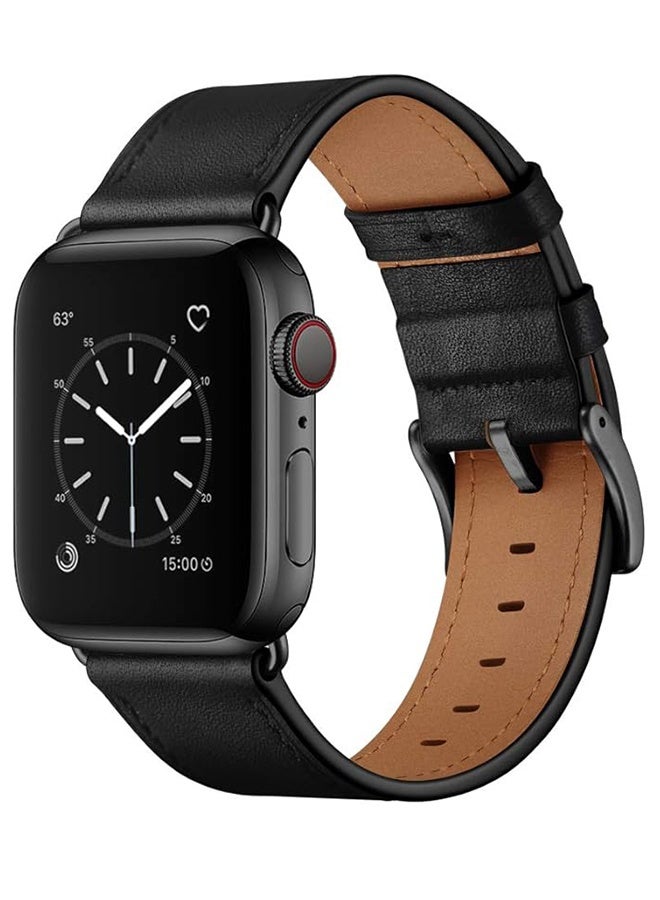 Charlam Compatible Apple Watch Band 49mm/46mm/45mm/44mm/42mm, Genuine Leather Watch Band Replacement Band Compatible with Apple Watch Ultra 2/1 Series 10/9/8/7/6/5/4/3/2/1/SE, Black/Black Ack - Image 1