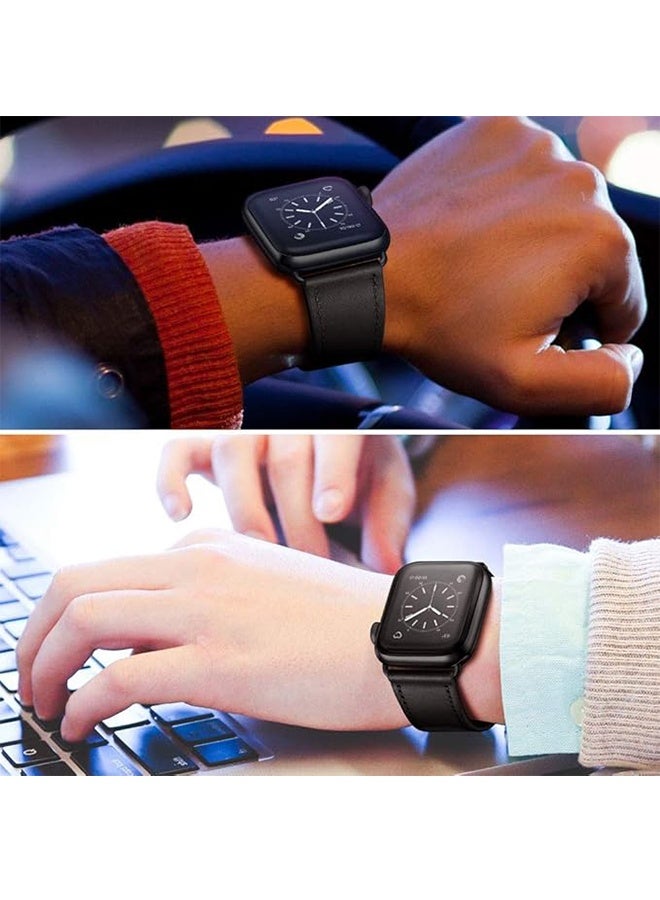 Charlam Compatible Apple Watch Band 49mm/46mm/45mm/44mm/42mm, Genuine Leather Watch Band Replacement Band Compatible with Apple Watch Ultra 2/1 Series 10/9/8/7/6/5/4/3/2/1/SE, Black/Black Ack - Image 5