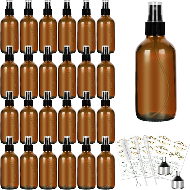 CycleMore CycleMore 25 Pack 4oz Amber Glass Spray Bottles with Fine Mist Sprayers, Glass Travel Bottles for Cosmetic Essential Oils Cleaning Solutions Perfumes & More Liquids Ideal GIft 