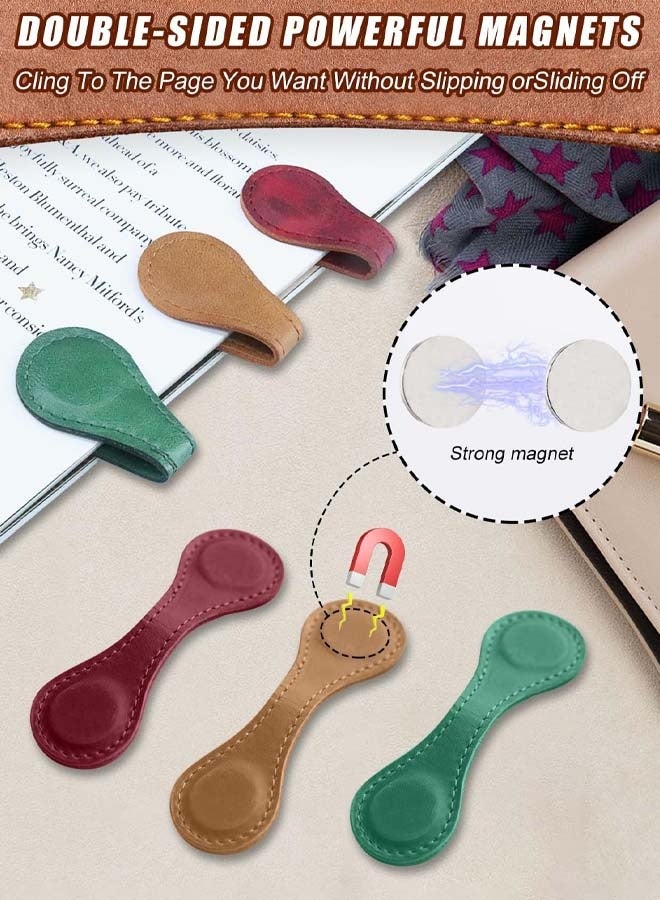 3Pcs Magnetic Leather Bookmarks for Women & Men, Vintage Faux Leather Book Mark, Double-Sided Magnetic Bookmarks Book Accessories, Book Lover Gifts for Students Mothers Day Gift (Red+Brown+Green) - Image 2