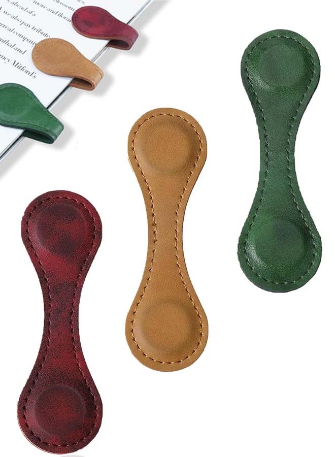 3Pcs Magnetic Leather Bookmarks for Women & Men, Vintage Faux Leather Book Mark, Double-Sided Magnetic Bookmarks Book Accessories, Book Lover Gifts for Students Mothers Day Gift (Red+Brown+Green) - Image 1