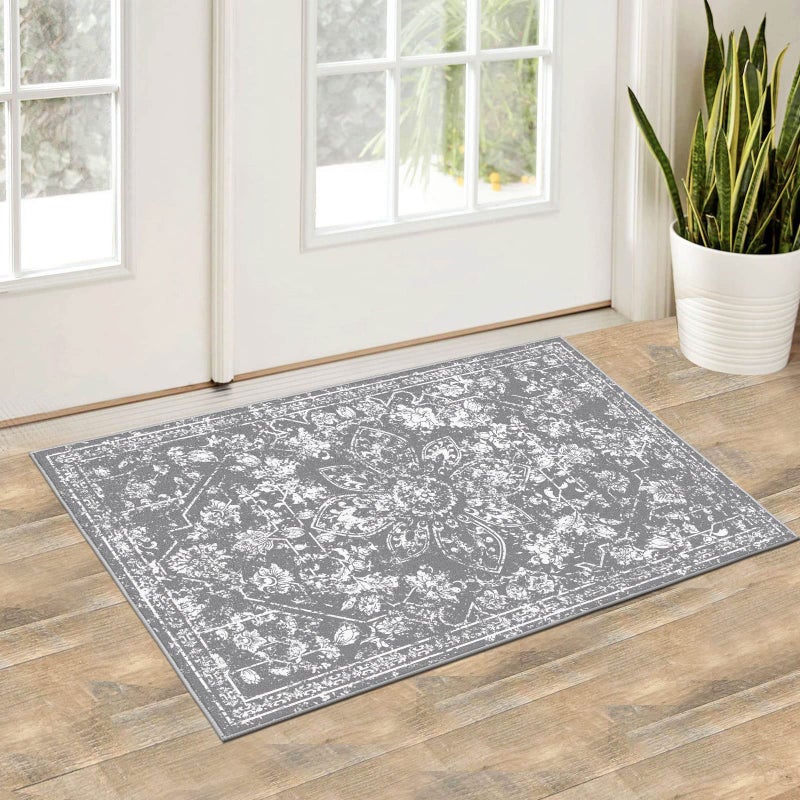 Pauwer Vintage Area Rug 4x6 Distressed Floral Faux Wool Throw Rug Non Slip Boho Hallway Area Rug Washable LowPile Carpet for Kitchen Living Room Bedroom4x6 Grey