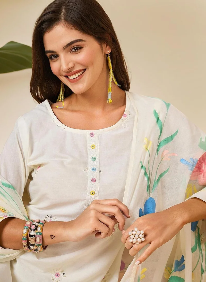 ISHIN Women's Off White 100% Cotton Embellished Tunic Full Length Palazzo Straight Fit Kurta Set