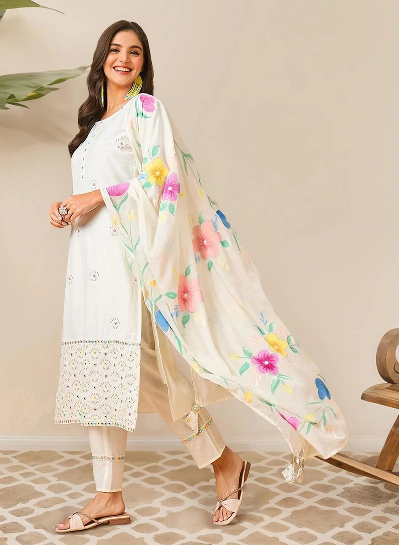 ISHIN Women's Off White 100% Cotton Embellished Tunic Full Length Palazzo Straight Fit Kurta Set