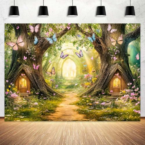 Uokiuki Enchanted Forest Backdrop Fairy Tale Enchanted Magic Garden Wonderland Floral Butterfly Background for Kids Girl Baby Shower Birthday Party Decoration Studio Photography Banner Booth Props - Image 2