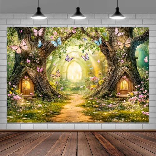 Uokiuki Enchanted Forest Backdrop Fairy Tale Enchanted Magic Garden Wonderland Floral Butterfly Background for Kids Girl Baby Shower Birthday Party Decoration Studio Photography Banner Booth Props - Image 1