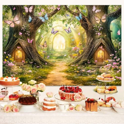 Uokiuki Enchanted Forest Backdrop Fairy Tale Enchanted Magic Garden Wonderland Floral Butterfly Background for Kids Girl Baby Shower Birthday Party Decoration Studio Photography Banner Booth Props - Image 4