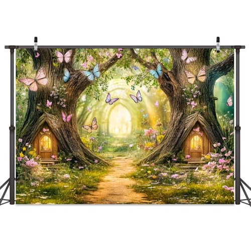 Uokiuki Enchanted Forest Backdrop Fairy Tale Enchanted Magic Garden Wonderland Floral Butterfly Background for Kids Girl Baby Shower Birthday Party Decoration Studio Photography Banner Booth Props - Image 5