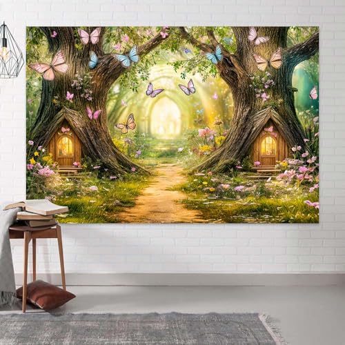 Uokiuki Enchanted Forest Backdrop Fairy Tale Enchanted Magic Garden Wonderland Floral Butterfly Background for Kids Girl Baby Shower Birthday Party Decoration Studio Photography Banner Booth Props - Image 3
