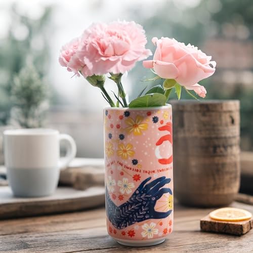 Tnstbiee Cute Ceramic Flower Vase - Unique Abstract Art Deco Aesthetic Vase - Medium Colorful Design Features Hands Holding Sun and Moon, Ideal for Living Room and Dining Table - Thoughtful Housewarming Gift - Image 1