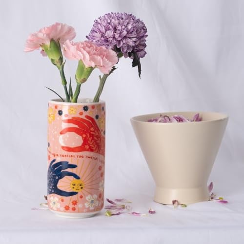 Tnstbiee Cute Ceramic Flower Vase - Unique Abstract Art Deco Aesthetic Vase - Medium Colorful Design Features Hands Holding Sun and Moon, Ideal for Living Room and Dining Table - Thoughtful Housewarming Gift - Image 2