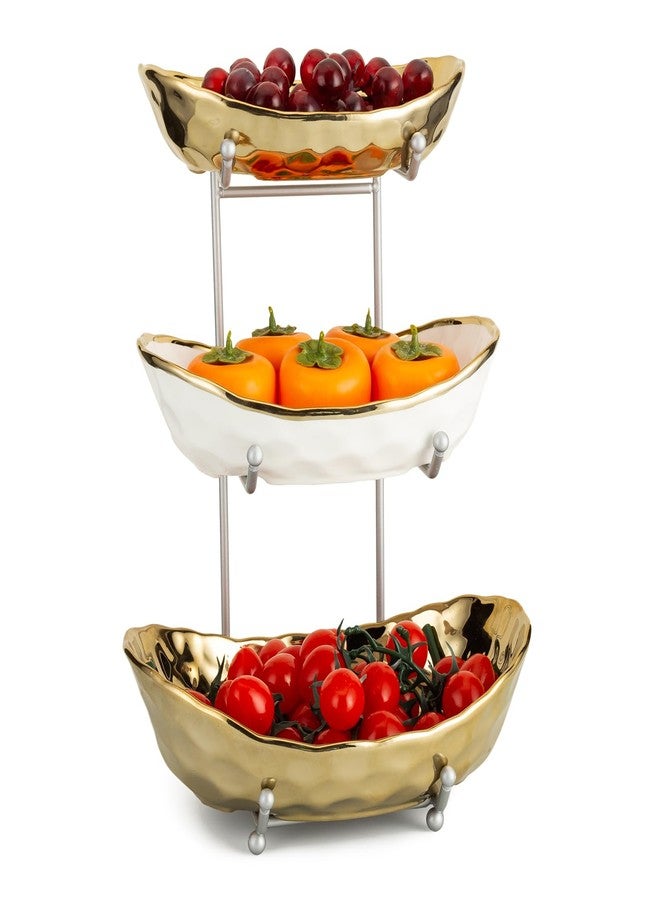 Buric Ceramic Fruit Bowl for Kitchen Counter, 3 Tier Ceramic Serving Bowls with Metal Stand, Fruit Basket Stand Fruit Serving Tray Set for Vegetable Storage, Candy Snack Dessert Cake (Gold) - Image 1