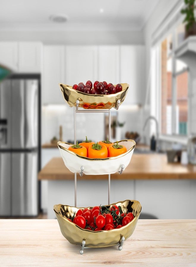 Buric Ceramic Fruit Bowl for Kitchen Counter, 3 Tier Ceramic Serving Bowls with Metal Stand, Fruit Basket Stand Fruit Serving Tray Set for Vegetable Storage, Candy Snack Dessert Cake (Gold) - Image 4