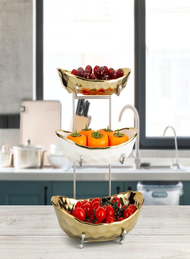Buric Ceramic Fruit Bowl for Kitchen Counter, 3 Tier Ceramic Serving Bowls with Metal Stand, Fruit Basket Stand Fruit Serving Tray Set for Vegetable Storage, Candy Snack Dessert Cake (Gold) - Image 2