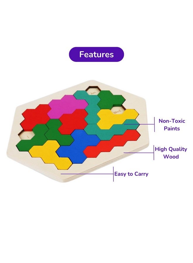 Cubelelo Cubelelo Drift Honeycomb Weekday Calendar Puzzle | A-Puzzle-A-Day | Premium Wooden Challenging Hexagon Shape Tetris Tangram Brain Storming Toy for Kids & Adults | Ideal Gift for Ages 3 and Above  - Image 2