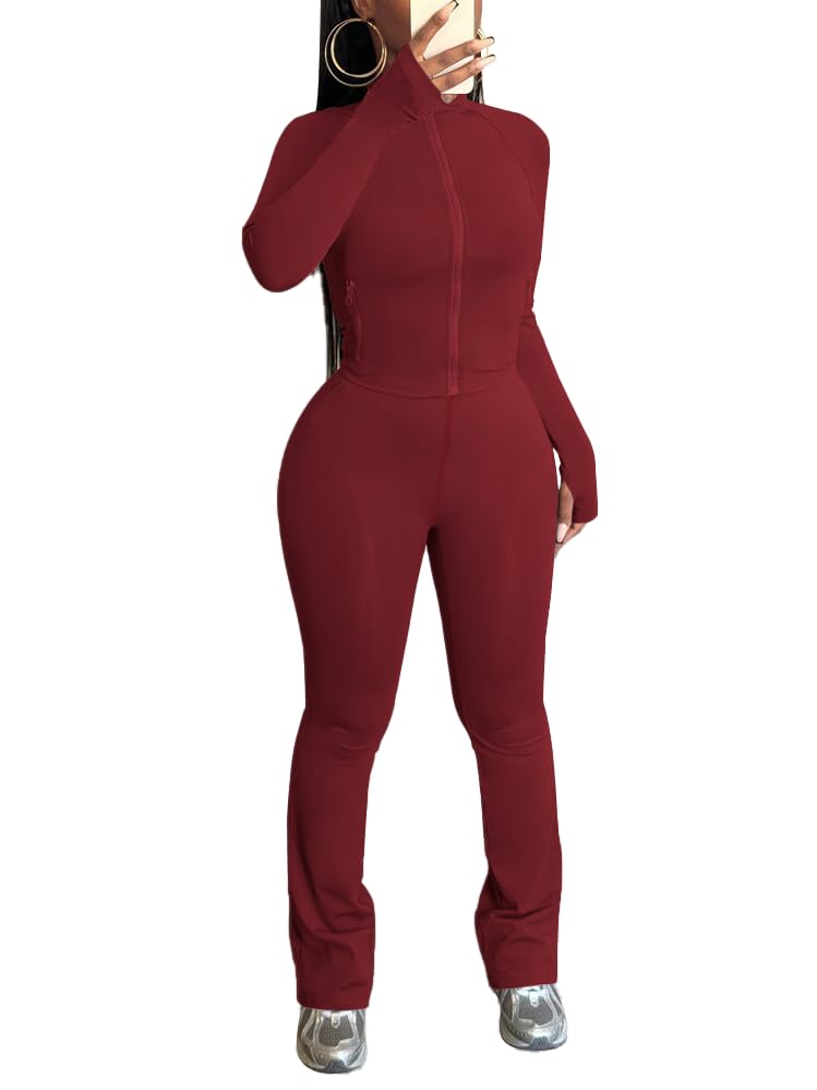 HBQ Women's 2 Piece Tracksuit Sets Long Sleeve Zip Up Crop Tops and Flare Pants Casual Workout Oufit Jogger Loungewear Set-Wine Red-S - Image 2