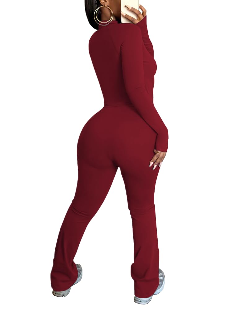 HBQ Women's 2 Piece Tracksuit Sets Long Sleeve Zip Up Crop Tops and Flare Pants Casual Workout Oufit Jogger Loungewear Set-Wine Red-S - Image 5