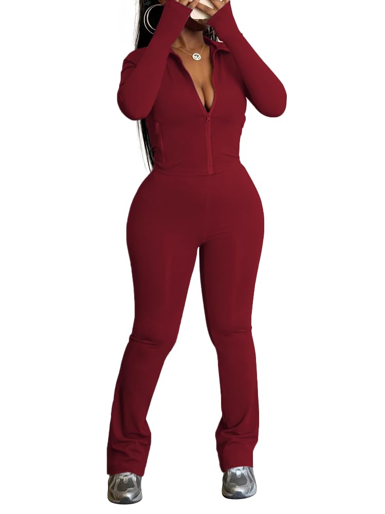 HBQ Women's 2 Piece Tracksuit Sets Long Sleeve Zip Up Crop Tops and Flare Pants Casual Workout Oufit Jogger Loungewear Set-Wine Red-S - Image 1