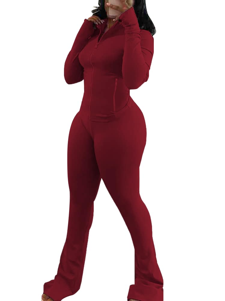 HBQ Women's 2 Piece Tracksuit Sets Long Sleeve Zip Up Crop Tops and Flare Pants Casual Workout Oufit Jogger Loungewear Set-Wine Red-S - Image 4