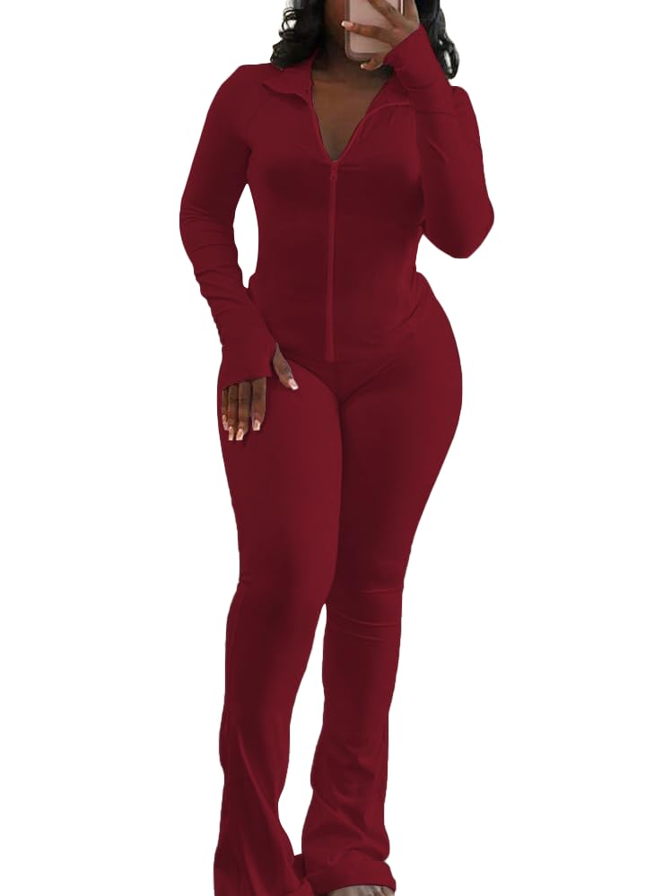 HBQ Women's 2 Piece Tracksuit Sets Long Sleeve Zip Up Crop Tops and Flare Pants Casual Workout Oufit Jogger Loungewear Set-Wine Red-S - Image 3