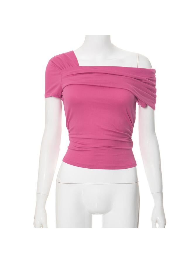 Y23tp706 European And American Women's Autumn New Solid Color Shoulder Short Sleeve Backless Pleated Top T-shirt For Women