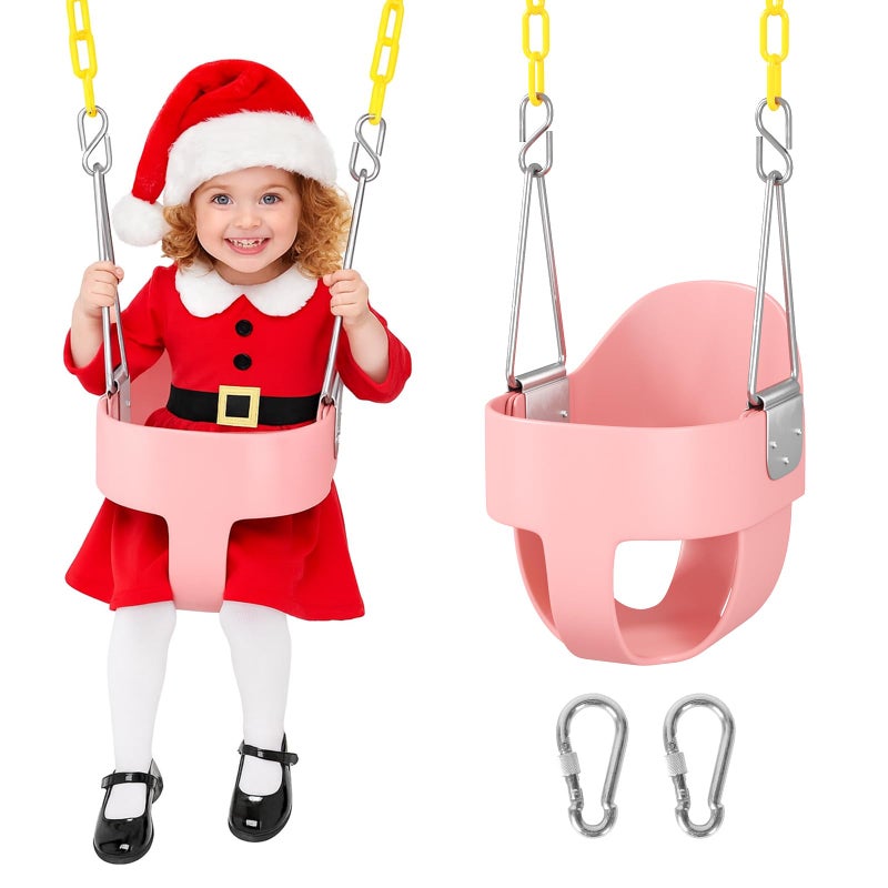DECORLIFE Toddler Swing - High Back Full Bucket Seat for Ages 1-3, 330lb Capacity, Baby infant Swing Outdoor with Safety Design, Plastic-Coated Chains, Carabiners for Backyard, Playground, Garden-Pink - Image 1