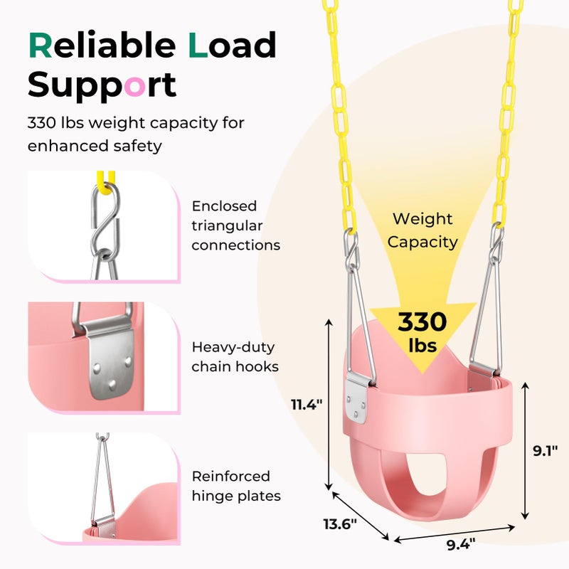 DECORLIFE Toddler Swing - High Back Full Bucket Seat for Ages 1-3, 330lb Capacity, Baby infant Swing Outdoor with Safety Design, Plastic-Coated Chains, Carabiners for Backyard, Playground, Garden-Pink - Image 5