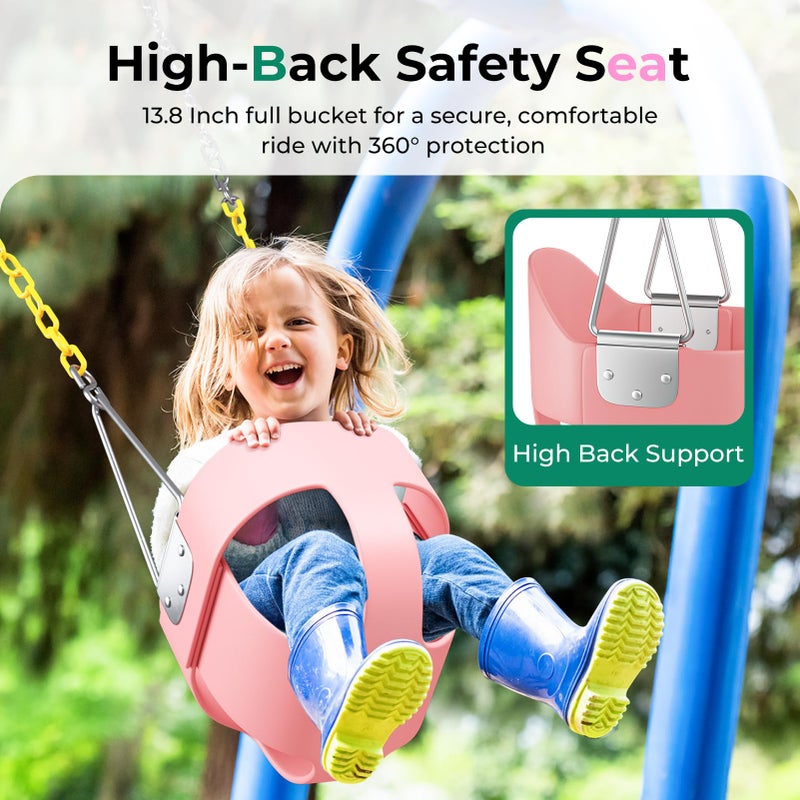 DECORLIFE Toddler Swing - High Back Full Bucket Seat for Ages 1-3, 330lb Capacity, Baby infant Swing Outdoor with Safety Design, Plastic-Coated Chains, Carabiners for Backyard, Playground, Garden-Pink - Image 4