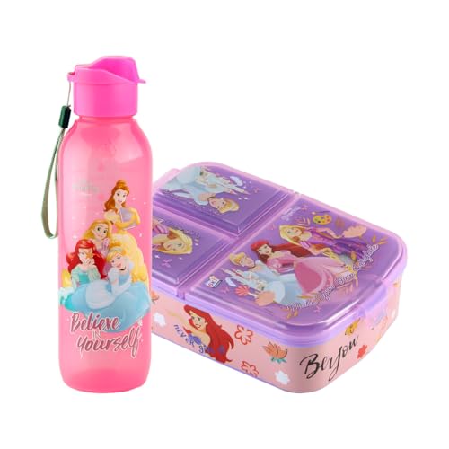 SKi Homeware Trio 3 Compartments Bento Lunch/Snack Box + Sipper Bottle Combo | للأطفال في المدرسة، النزهات، الرياضة | لهدايا العودة أو هدايا الحفلات - الأميرة - Image 1