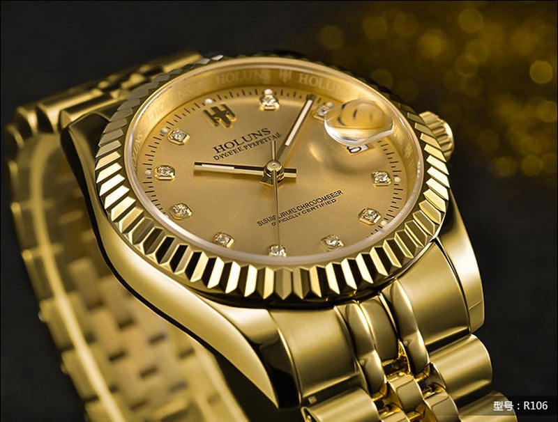 Holuns Mens Full Gold Watch Automatic Mechanical Gilded Steel Self-Wind Sapphire Glass Dress Waterproof Watch (Gold) - Image 5