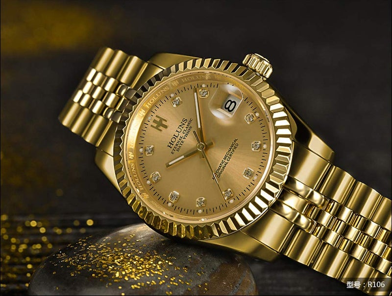 Holuns Mens Full Gold Watch Automatic Mechanical Gilded Steel Self-Wind Sapphire Glass Dress Waterproof Watch (Gold) - Image 4