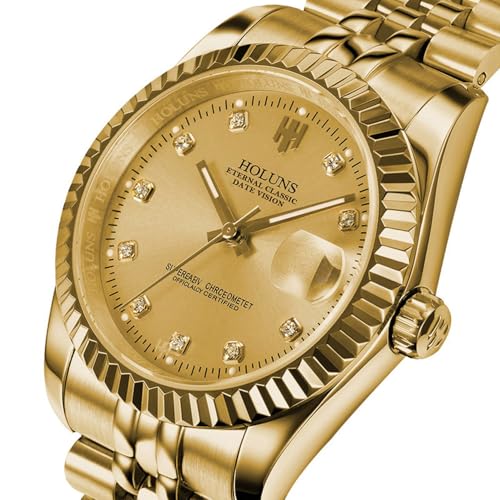 Holuns Mens Full Gold Watch Automatic Mechanical Gilded Steel Self-Wind Sapphire Glass Dress Waterproof Watch (Gold) - Image 3